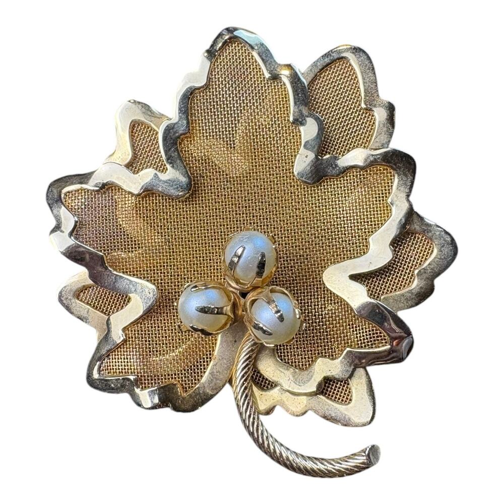 Vintage Coro Gold Tone Maple Leaf Brooch Pin Faux Pearls Signed Mid-Century